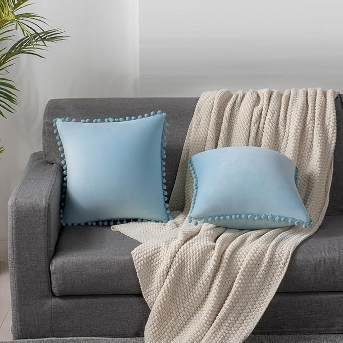 DEZENE Throw Pillow Cases 18x18 Light-Blue: 2 Pack Cozy Soft Pom-poms Velvet Square Decorative Pillow Covers for Farmhouse Home Decor