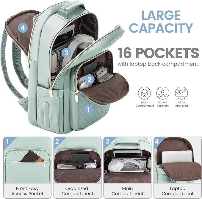 LOVEVOOK Leather Backpacks for Women,15.6 inch Leather Laptop Backpack Women Computer Backpack Laptop Bag,Stylish Quilted Travel Backpack Purse Work College Teacher Backpacks with USB Port,Mint Green
