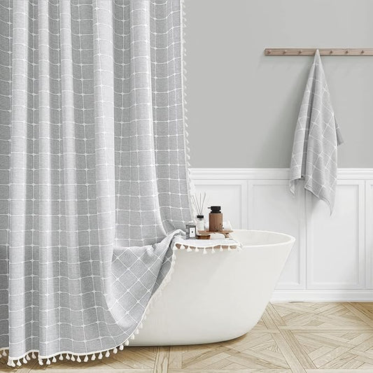 BTTN Extra Long Shower Curtain - 72x96 Inch Long Boho Chic Linen Fabric Heavy Duty Shower Curtain Set with Hooks, Tall Bohemian Farmhouse Luxury Tassel Cloth Shower Curtains for Bathroom - Gray/Grey