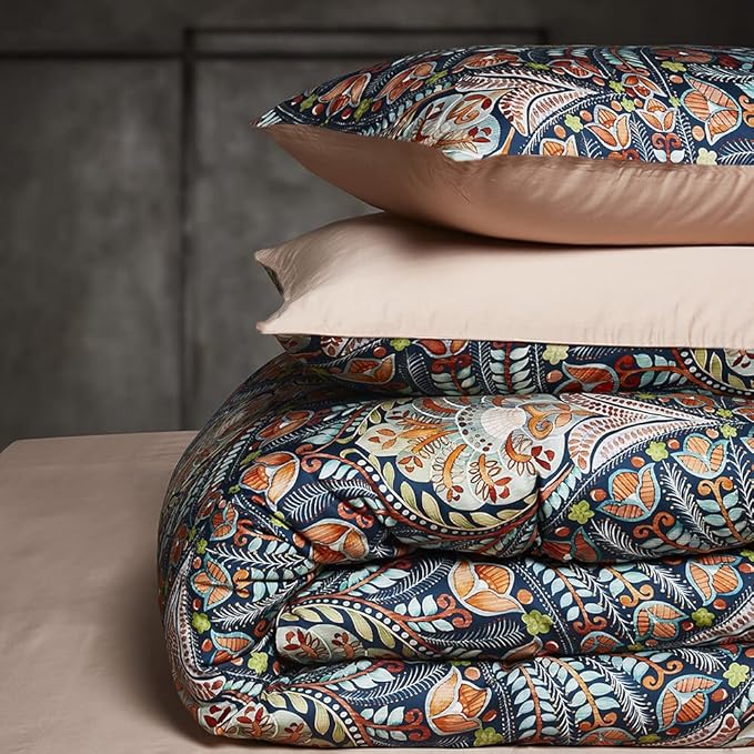 Cupocupa Queen Duvet Cover Set, Modern Industrial Luxury Bedding with Zipper Closure & Corner Ties, Soft Breathable Navy Teal Orange Floral Comforter Cover for Bedroom Guest Room Vintage Paisley
