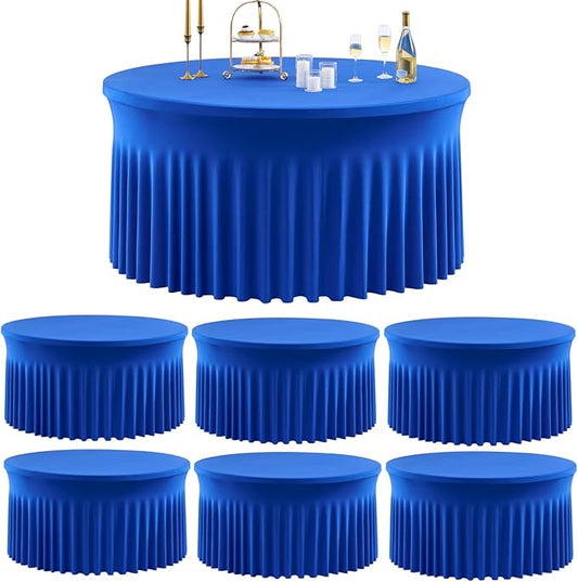Outpain 6 Pack 72inch Royal Blue Spandex Round Tablecloths, Stretchy 132inch Fitted 6FT Round Table Cloths, Wrinkle Free Table Cover with Skirt for Wedding Party Dining Banquet