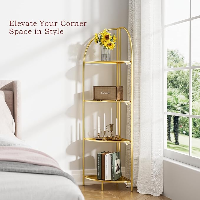 Crofy Foldable 4 Tier Corner Shelf, Metal Corner Plant Stand with Gold Frame and Gold Shelves, Corner Display Rack Multipurpose Shelving Unit for Living Room, Bedroom, Bathroom