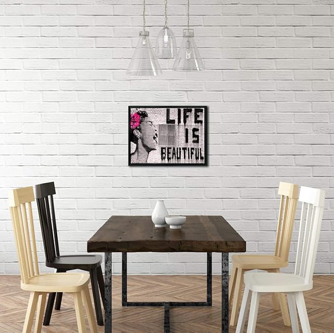 Wieco Art Framed Wall Art Canvas Prints of Banksy Life is Beautiful Abstract Artwork for Wall Decor Room Decorations Black Frame