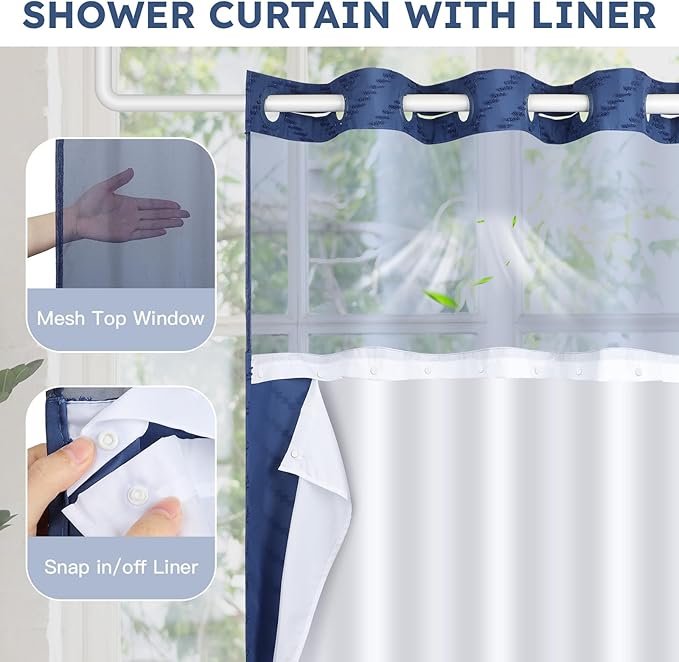 No Hook Shower Curtain and Snap in Liner Set Navy Blue Tufted Chevron Striped Cloth Waterproof Washable Fabric Boho Bath Curtain with See Through Mesh Top Window for Bathroom Hotel 71" x 74"