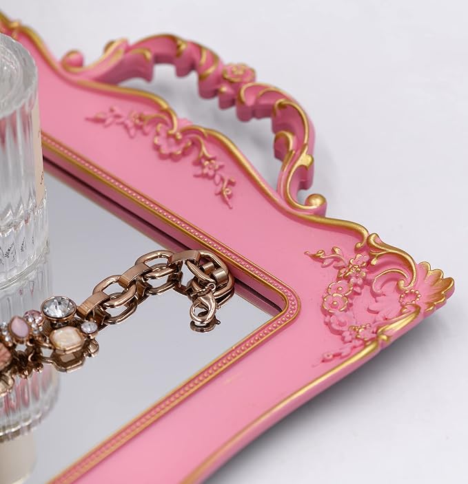 Antique Decorative Pink Framed Square Mirror Tray, Jewelry & Cosmetics Organizer for Dresser, Square - 9.5" x 14.5"(Pink)