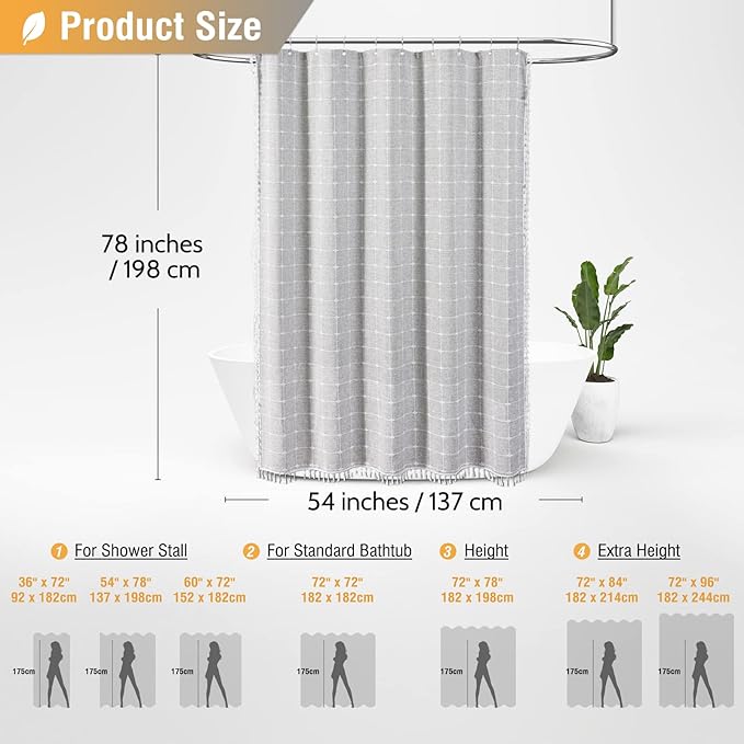 BTTN Stall Fabric Shower Curtain - 54 x 78 Inches Boho Linen Heavy Duty Tassel Shower Curtain Set with 10 Hooks, Narrow Rustic Modern Farmhouse Bohemian Thick Shower Curtains for Bathroom - Gray/Grey