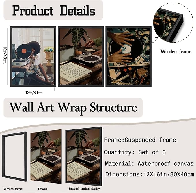 YFvrPt Black Woman Wall Art Set of 3, Fashion African American Women Wall Decor Trendy Abstract Girl Canvas Prints Aesthetic Pictures for Bedroom Living Room 12x16 inch Black Framed