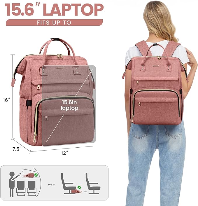 LOVEVOOK Laptop Backpack for Women, 15.6 Inch Professional Womens Travel Backpack Purse Computer Bag, Waterproof College Work Bag Carry On with USB Port, Light-pink