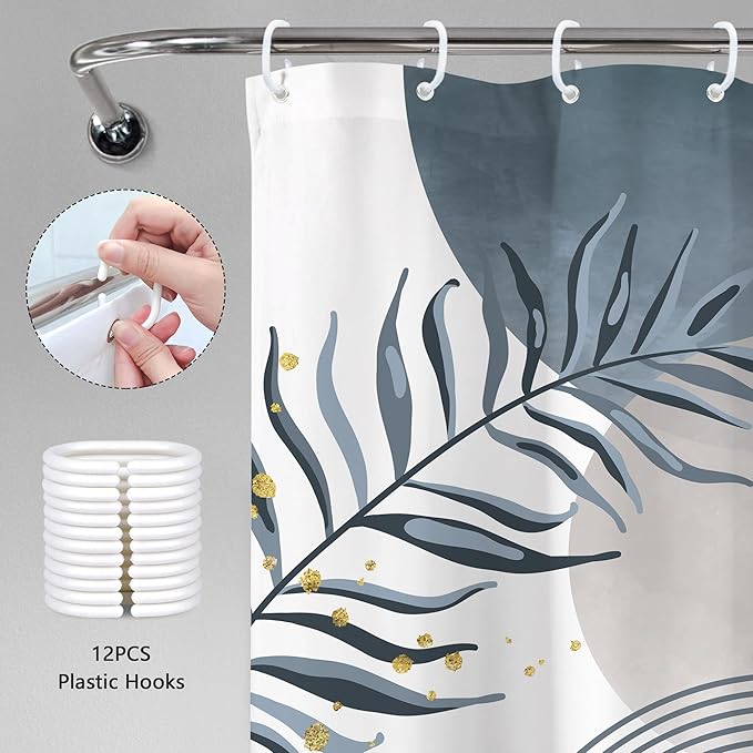 Blue Gray Boho Shower Curtain 60Wx72H Abstract Grey Bohemian Modern Leaves Mid Century Minimalist Plant Bathroom Decor Contemporary Simple Neutral Bath Curtain Fabric Polyester 12 Pack Hooks