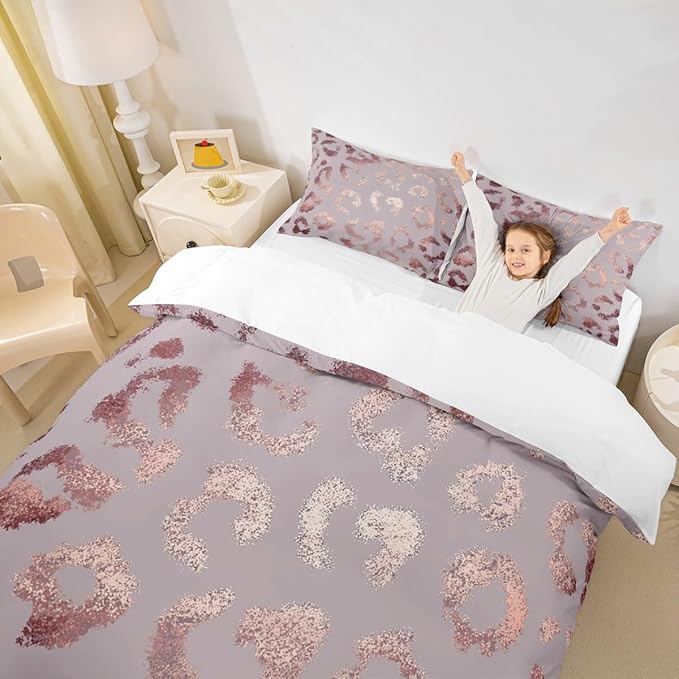 Pink Leopard Duvet Cover Queen for Girls Pink Glitter Bedding Set Watercolor Abstract Comforter Cover Cheetah Skin Pattern Decor Bedspread Quilt Cover for Kids Dorm Room,Soft,Zipper(No Comforter)