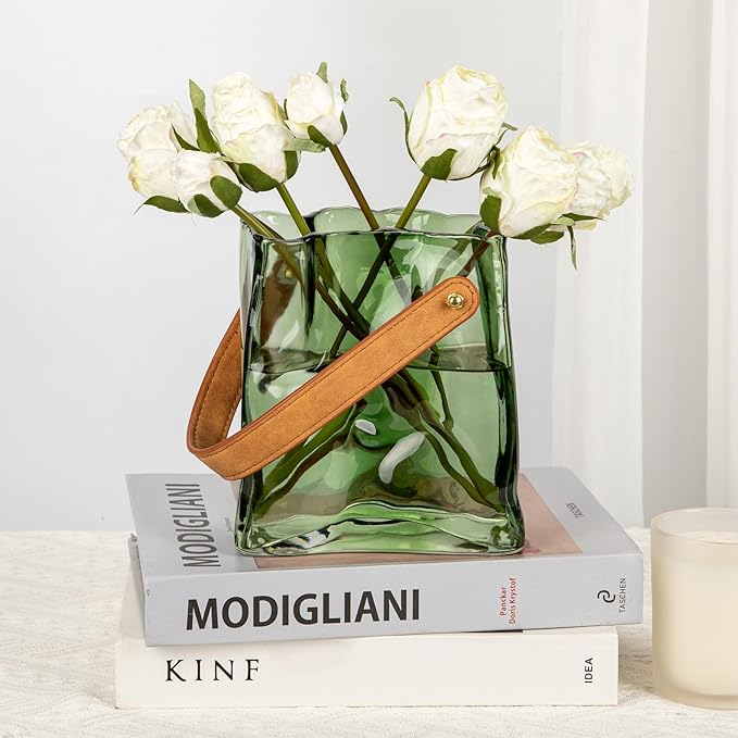 Glass Purse Vase for Flowers Green Vases for Centerpieces Glass Bag Vase with Leather Handle Small Handbag Vases for Decor Decorative Fish Bowl for Home Wedding Decor
