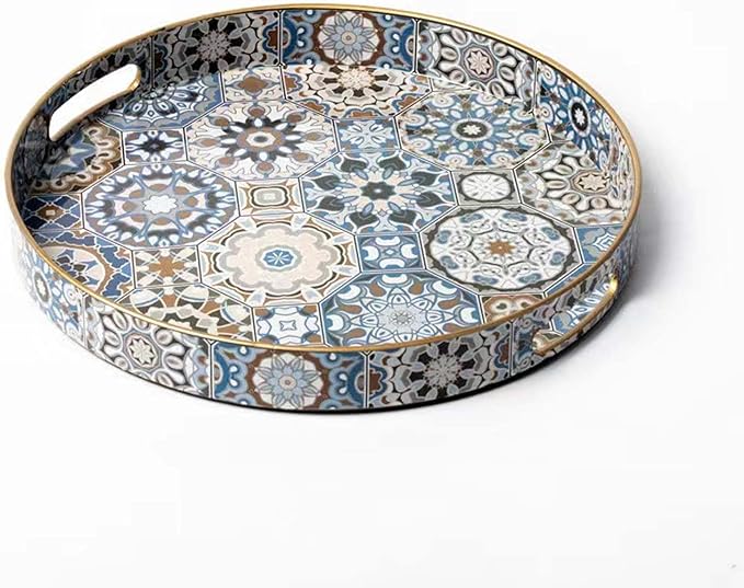 Round Serving Tray with Handles - Boho Coffee Table Tray Ottoman Tray,Large Trays for Ottoman Coffee Table,Modern Decorative Trays for Living Room