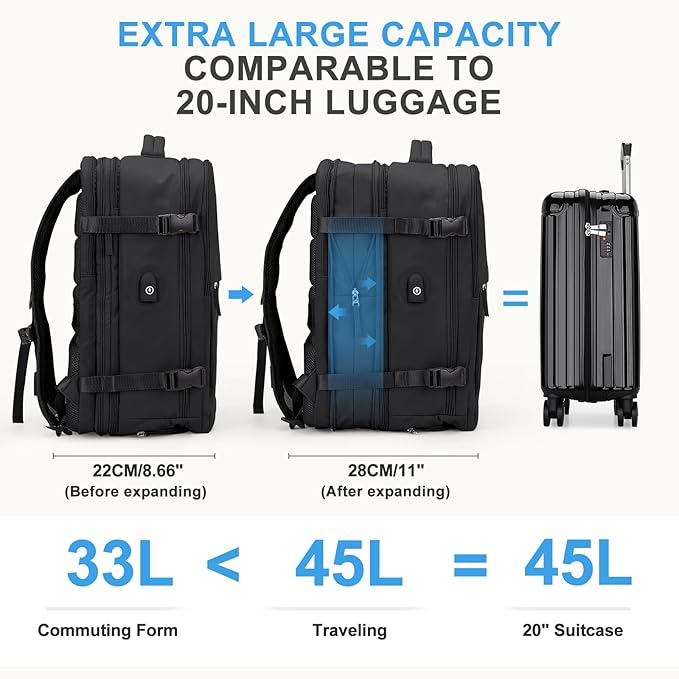 coowoz Large Travel Backpack For Women Men, Carry On Backpack,Hiking Backpack Waterproof Outdoor Sports Rucksack Casual Daypack Expandable Heavy Duty Extra large Backpack Black Expansion