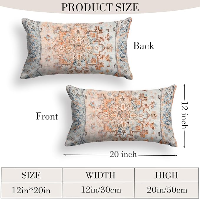Boho Throw Pillow Covers 12x20 inch Set of 2,Boho Vintage Carpet Pattern Antique Ethnic Decor Double Sided Pattern Cushion Cover Soft Pillow Case Living Sofa Room Bed Square Pillow Cover