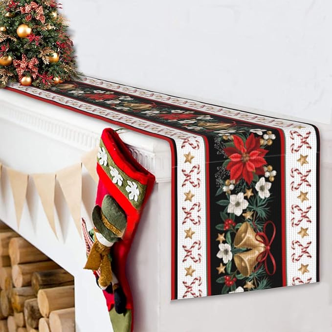 Christmas Bells Table Runner Burlap Kitchen Dining Linen Table Decoration for Indoor Outdoor Home Party Dinner 13x72 Inch