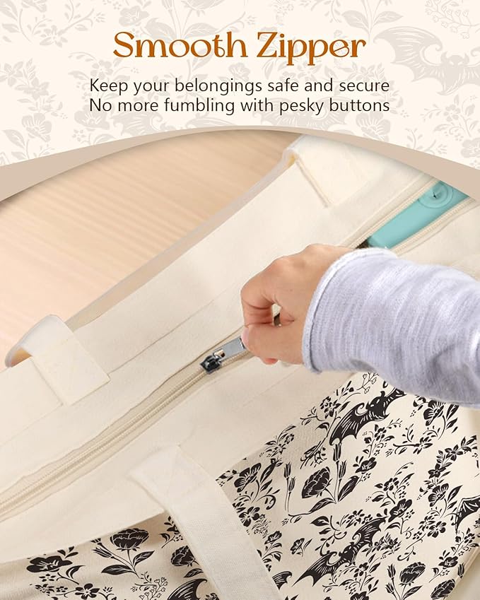 Canvas Tote Bag for Women – Aesthetic Canvas Bag with Zipper Cute Stylish Reusable Shoulder Totes for Shopping Work Daily Vacation, Bianfu Flower