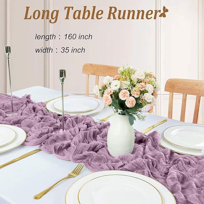 Purple Cheesecloth Table Runner 13.3FT Long Boho Gauze Sheer Fabric Table Runner Wedding Dining Table Decorations for Holiday Birthday Party Baby Shower Event Picnic Table Decorations