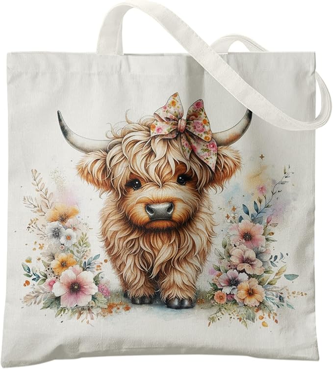 Western Highland Cow Canvas Tote Bag - Highland Cow Lover Gifts,Canvas Shoulder Bag for Women for Girls