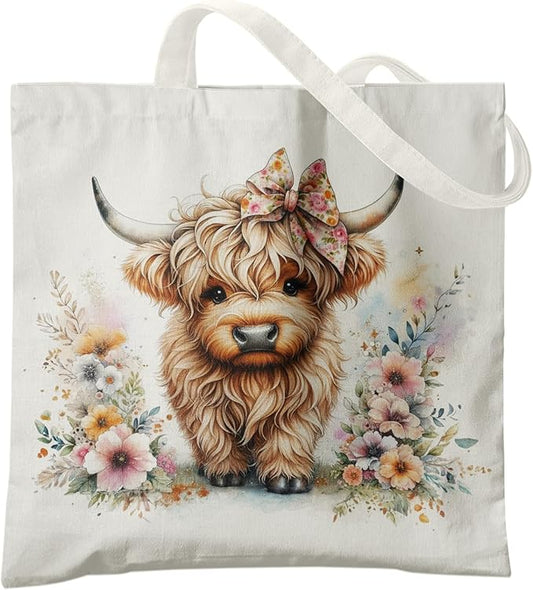 Western Highland Cow Canvas Tote Bag - Highland Cow Lover Gifts,Canvas Shoulder Bag for Women for Girls
