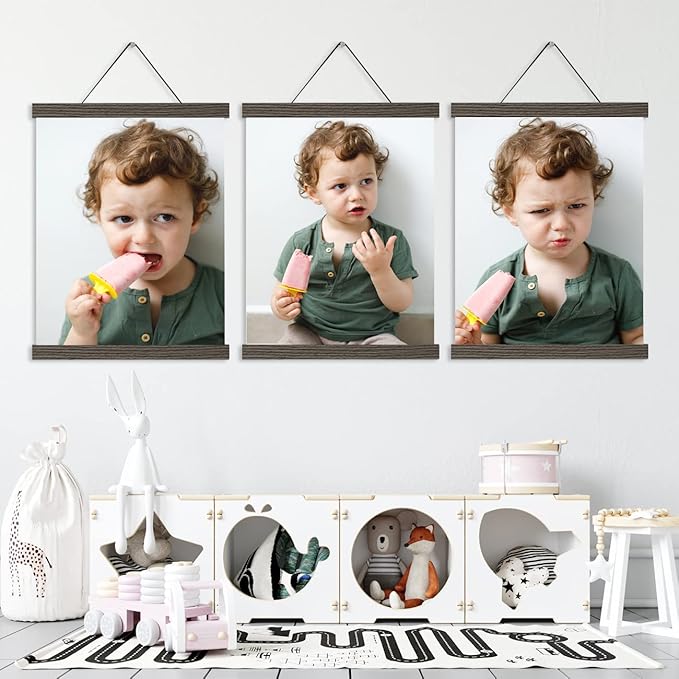 3 Pack Magnetic Poster Hanger Brown, 12x18 12x16 12x24 Poster Frame Wood Wooden Magnet Print Posters Dowel Scroll Hanger Hangers Hanging Kit for Walls Map Canvas Artwork