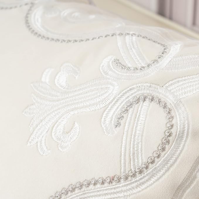 Aeckself European Floral Pillow Cover 16x16 Inch, Luxury Velvet Embroidered Decorative Throw Pillow Cover for Couch Bedroom Living Room, White Silver