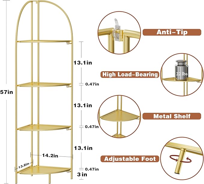 Crofy Foldable 4 Tier Corner Shelf, Metal Corner Plant Stand with Gold Frame and Gold Shelves, Corner Display Rack Multipurpose Shelving Unit for Living Room, Bedroom, Bathroom