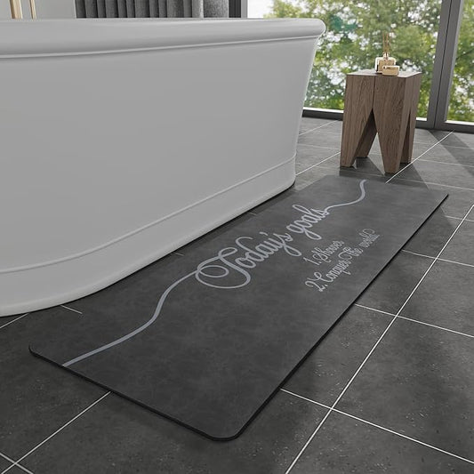 MontVoo -Bath Mat Rug- Non Slip Quick Dry Absorbent Thin Bathroom Rugs Fit Under Door-Faux Suede Surface Bathroom Floor Mats-Shower Rug for in Front of Bathtub Shower 17 X59 Dark Grey Text Pattern