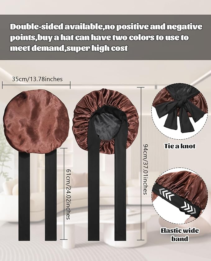 Satin Bonnet Silk Bonnet for Sleeping Silk Sleep Cap Double Layer Hair Bonnet with Elastic Tie Band for Curly Hair Night Cap (Black+Brown)