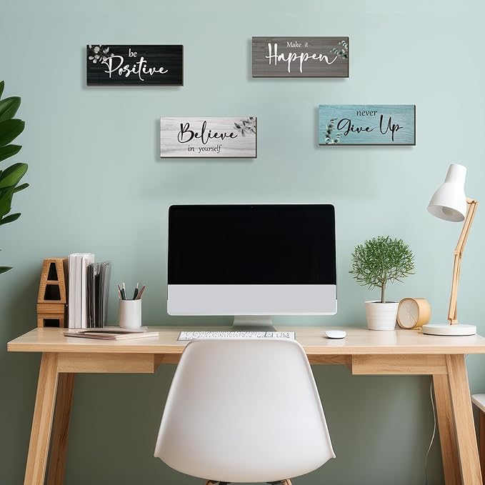 4 Pcs Office Decor For Women Motivational Wall Decor Rustic Inspirational With Positive Sayings Wooden Hangings for Home Office Bathroom Bedroom Kitchen(Fresh 10x4")
