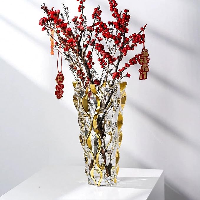 Hand Painted Gold Vase 11" Tall,Flower Vase Decor for Home Dining Table Living Room,Office Wedding Holiday Party,Handmade Decorative Flower Vase.