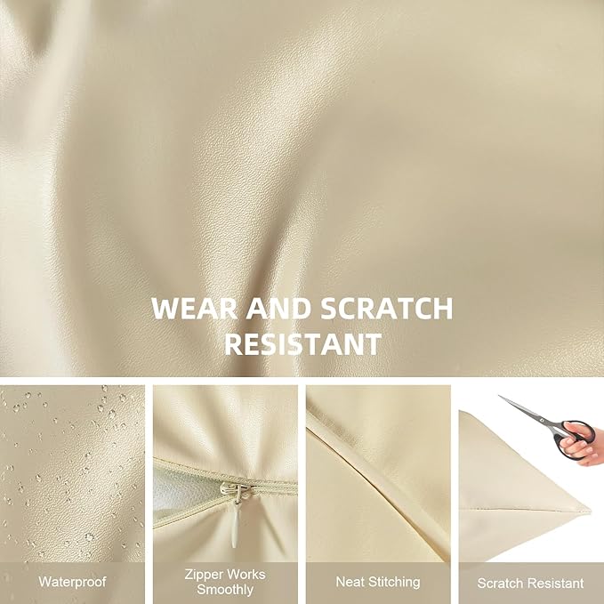 Faux Leather Throw Pillow Covers 18X18 Inch Beige Outdoor Modern Farmhouse Solid Decorative Pillow Covers for Room Couch Living Bedroom Bed Sofa