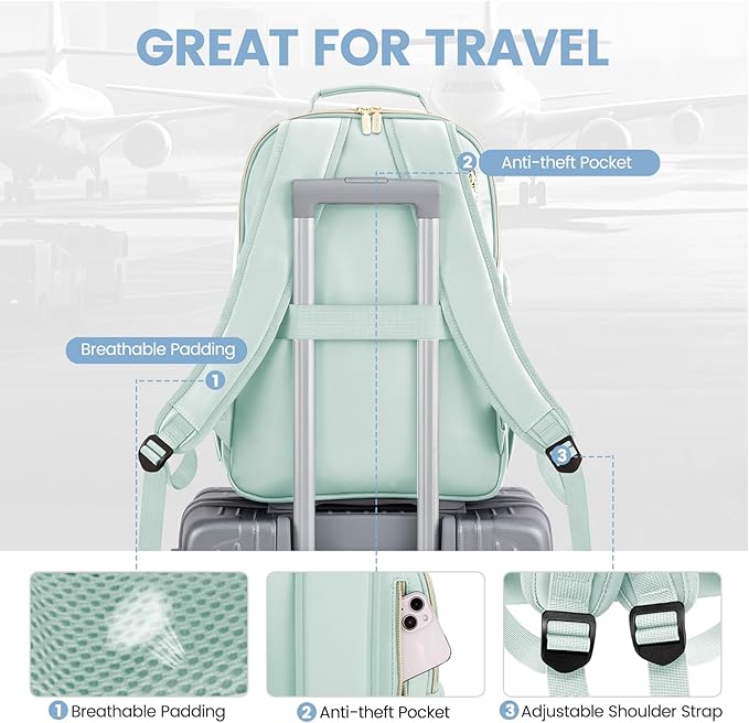 LOVEVOOK Leather Backpacks for Women,15.6 inch Leather Laptop Backpack Women Computer Backpack Laptop Bag,Stylish Quilted Travel Backpack Purse Work College Teacher Backpacks with USB Port,Mint Green