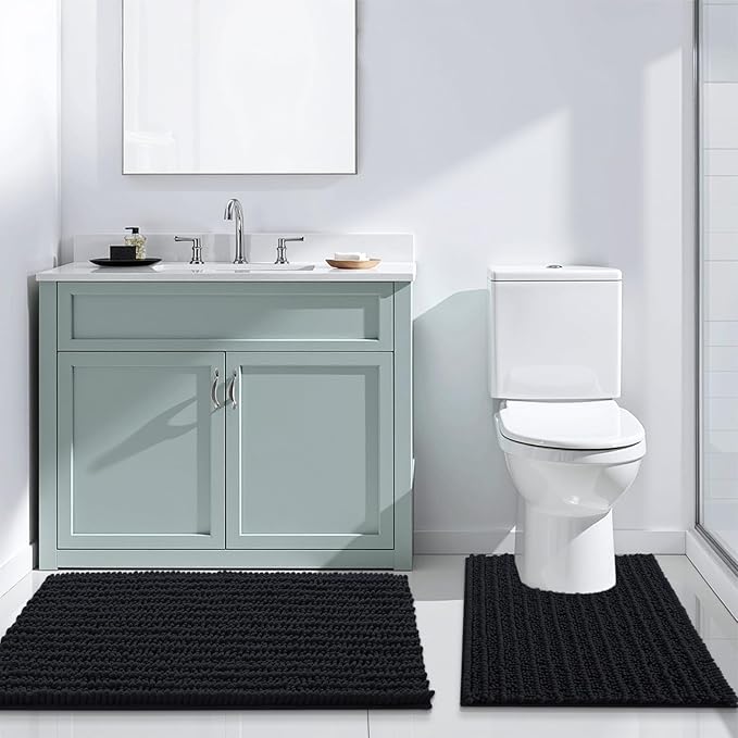 Arotive Luxury Chenille Bathroom Rug Mat, Extra Soft Thick Absorbent Shaggy Bath Rugs, Non-Slip Machine Wash Dry, Plush Bath Mats for Bathroom, Shower and Tub, 47x17, Black