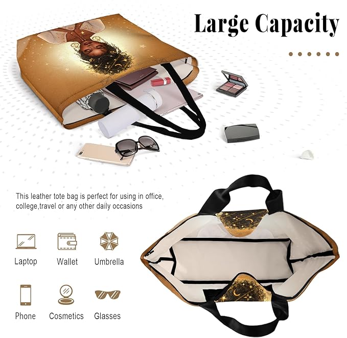 African American Women Tote Bag Black Shoulder Handbag For Women Fit Work Beach Labtops With Zip