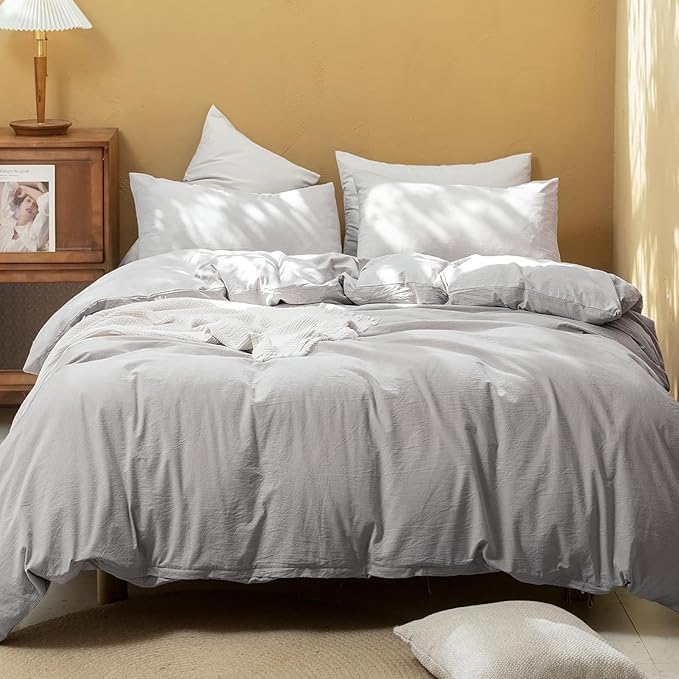 FOSSA Duvet Cover Set 100% Washed Cotton Linen Feel Super Soft Breathable Cozy 3 Pieces Bedding Sets Solid Grayish Queen