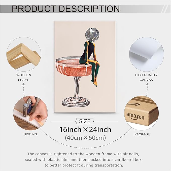 Funky Disco Ball Girly Head Poster 70s Retro Cocktail Canvas Wall Art 16x24 inch Framed Trendy Vintage Beige Prints Painting for Family Bar Wall Decor