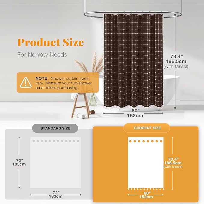 BTTN 60 Inch Stall Shower Curtain - Boho Farmhouse Linen Weighted Fabric Cloth Shower Curtain Set with 10 Plastic Hooks, Narrow Bohemian Country Decorative Shower Curtains for Bathroom - 60x72 - Brown