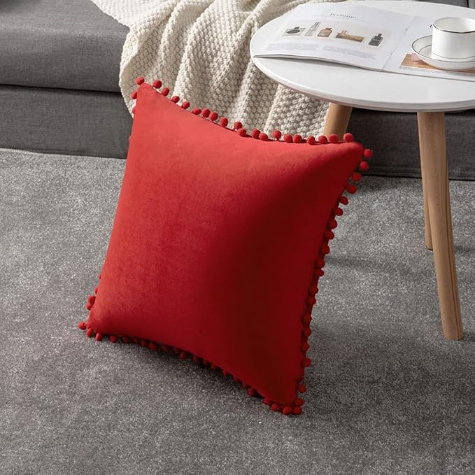 DEZENE Throw Pillow Covers 24x24 Red: 2 Pack Cozy Soft Pom-poms Velvet Square Decorative Pillow Cases for Farmhouse Home Decor