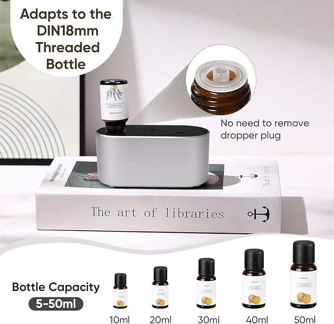 Waterless Diffuser for Essential Oil, Battery Operated Scent Air Aromatherapy Diffuser, Mini Aroma Diffusers with 3 Intermittent Mist Modes, Cycle Start for Home Office Bedroom - Silver