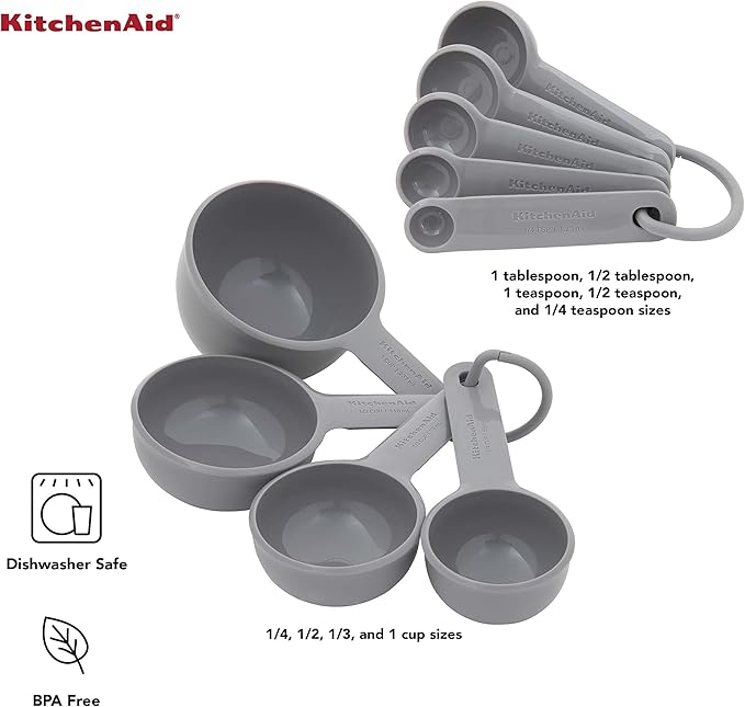 KitchenAid Universal Easy To Read Measuring Cup and Spoon Set with Soft Grip Handle for Maximum Control, Hang Hole and Nesting For Easy Storage, Dishwasher Safe, 9 Piece, Gray