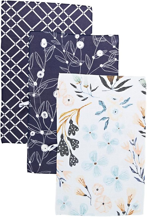 || Navy Blue and White 3 Pack|| Microfiber Waffle Weave || Dish Towels || || Tea Towels || Highly Absorbent || Hanging Loop || Dish Cloths ||Designer Prints (Navy)