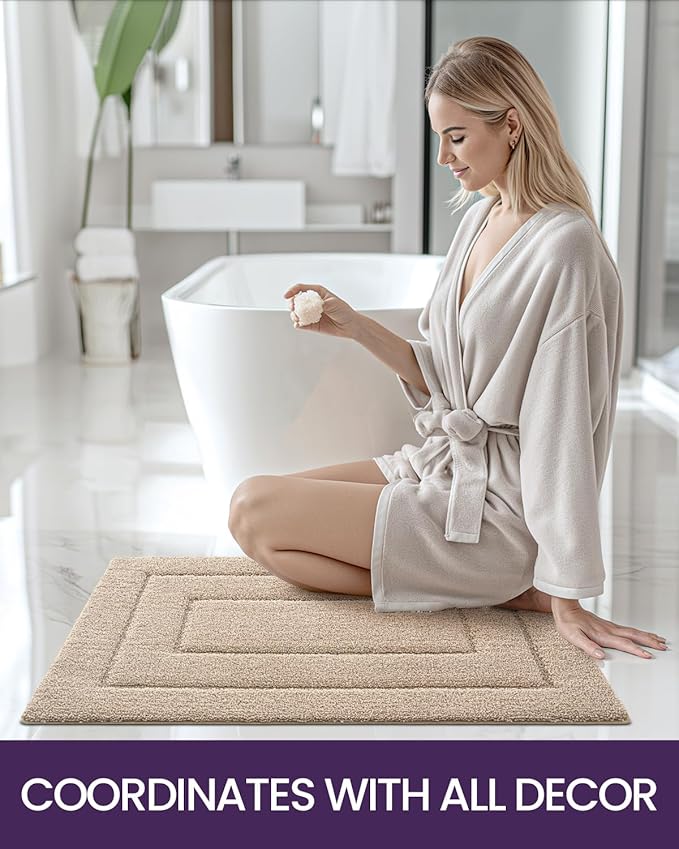 DEXI Bathroom Rug Set 2 Piece 32x20, Non Slip Washable Bath Mat for Shower Floor, Absorbent Soft Bathmat with Rubber Backing, Quick Dry Microfiber Carpet, Beige