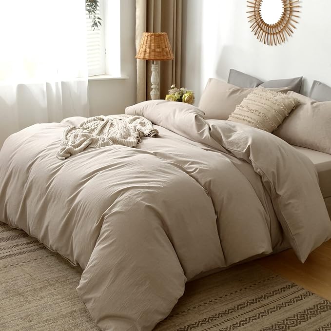 MooMee Bedding Duvet Cover Set 100% Washed Cotton Linen Like Textured Breathable Durable Soft Comfy (Heathered Taupe, Super Queen 90"x98")