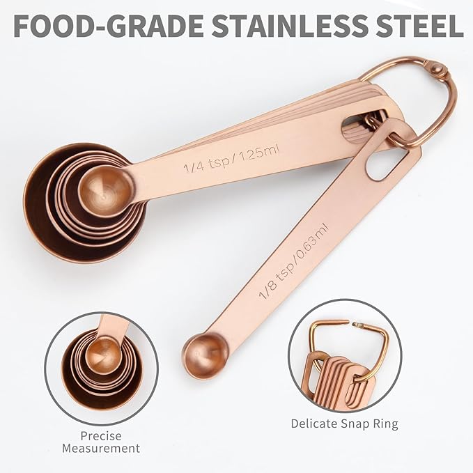 Measuring Spoons,SUS304 Stainless Steel Measuring Cups Set of 7 Piece: 1Tbsp,1/2Tbsp,1tsp,3/4tsp,1/2tsp,1/4tsp,1/8tsp Teaspoon Coffee Scoop Tablespoon for Dry and Liquid Ingredients,Rose Gold