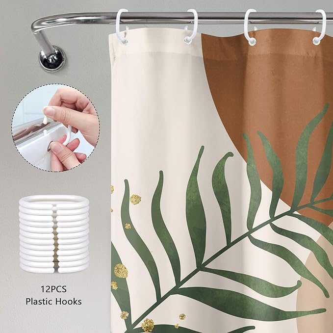 Brown Boho Mid Century Shower Curtain 60Wx72H Abstract Gold Leaves Plant Modern Sun Minimalist Geometric Arch Art Line Bathroom Decor Neutral Bath Curtain Fabric Polyester 12 Pack Hooks