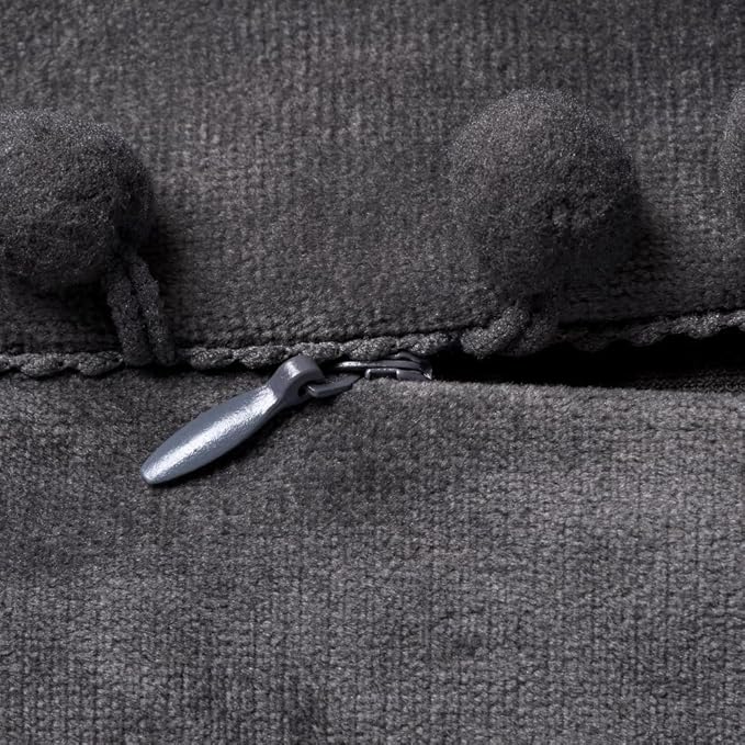DEZENE Throw Pillow Covers 20x20 Dark-Grey: 2 Pack Cozy Soft Pom-poms Velvet Square Decorative Pillow Cases for Farmhouse Home Decor