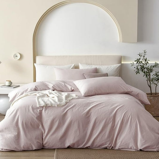 JIYUAN 100% Washed Cotton Duvet Cover Set 3 Pieces Alaska King, 1 Duvet Cover 132x120 Inches(Comforter Not Included) and 2 Pillowcases,Linen Like Comfy and Breathable,Heathered Greyish Pink