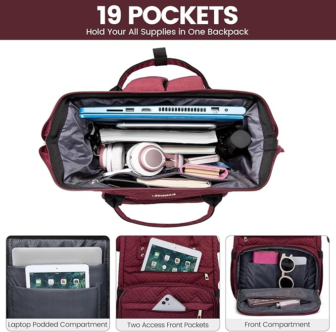 LOVEVOOK Laptop Backpack for Women,15.6 Inch Professional Womens Travel Backpack Purse Computer Laptop Bag Nurse Teacher Backpack,Waterproof Work Bags Carry on Back Pack with USB Port,Wine Red Plait