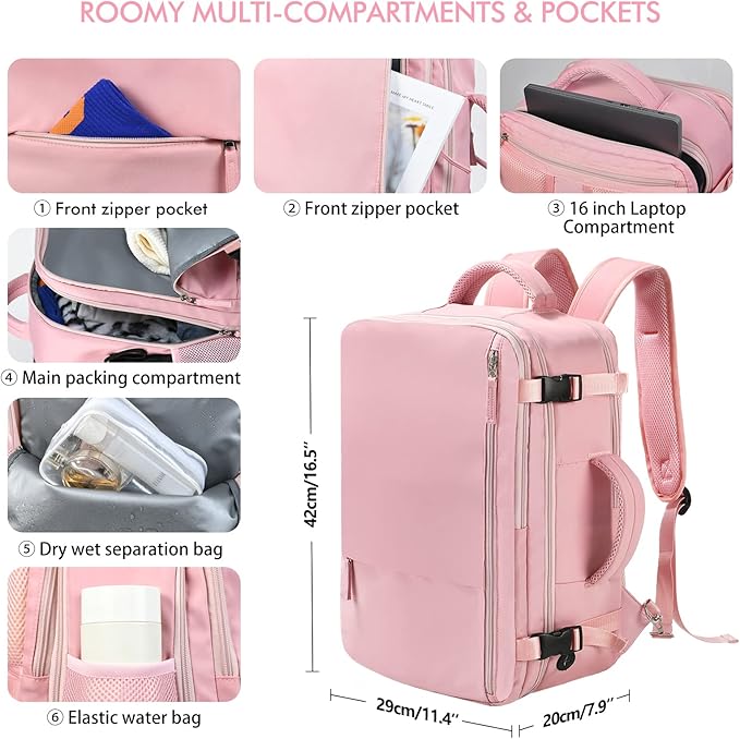 Beraliy Travel Backpack for Women, Airline Approved Bag, Carry On Waterproof Hiking Backpack, 16 inch Laptop Backpack, Overnight Bag, Pink