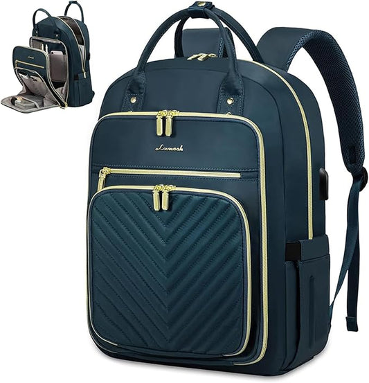 LOVEVOOK Laptop Backpack for Women, Water Resistant Travel Work Backpacks Purse Stylish Business Teacher Nurse Computer Bag with USB Charging Port,Blue-Green